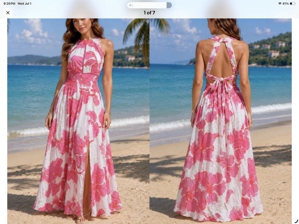 Abel the Label Anthropologie Paloma Maxi Dress White Pink Open Back M